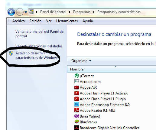 Inicio > Panel de control > Programas y características